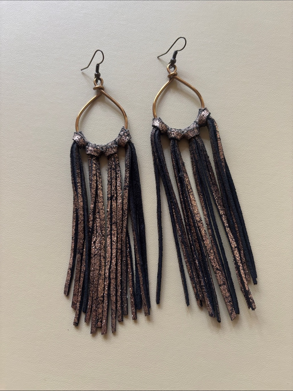 Handmade Long Leather Fringe Earrings Bronze Black Brass Artisan 6”